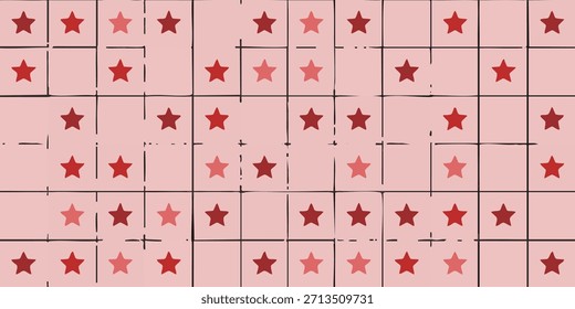 Lebendige und festliche Reihe von verstreuten roten und rosa Sternen schaffen ein dynamisches Hintergrundmuster, ideal für feierliche Designs, digitale Hintergrundbilder oder dekorative grafische Elemente