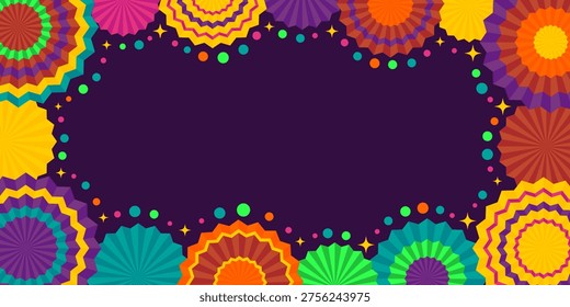 Vibrant festive background featuring colorful paper fans, circles, and stars creating a decorative frame for your text. This vector illustration is perfect for party invitations, promotional banners, sale announcements, carnivals, or birthday celebrations. Elements are designed in rich colors on a deep dark purple background, providing high contrast and a joyful atmosphere.