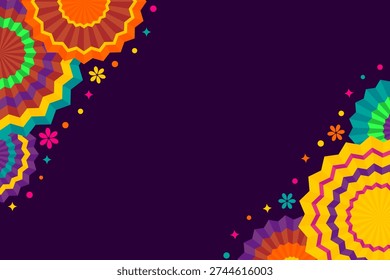 Vibrant festive background featuring traditional Mexican paper fans and colorful confetti stars on a deep purple backdrop. The decorative elements are arranged in opposite corners, creating a stylish frame with ample copy space in the center. Ideal for Cinco de Mayo, Dia de los Muertos, birthday parties, or carnival invitations. High-quality vector illustration with rich colors and folk-art inspired ornaments