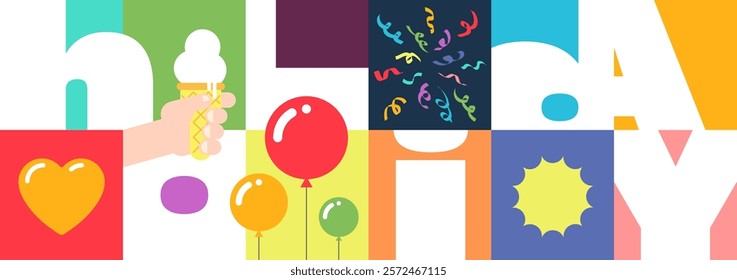Vibrant festive banner featuring bold geometric designs and cheerful colors. Modern graphic template perfect for party invitations, event flyers, holiday celebrations and creative social gatherings