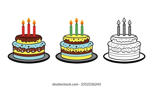 Una ilustración vibrante y festiva de la fiesta de cumpleaños que presenta pasteles de silueta colorida, postres, velas,   sobre un fondo blanco. Estilo de dibujos animados, Vector editable con alegre tema de celebración jpg.