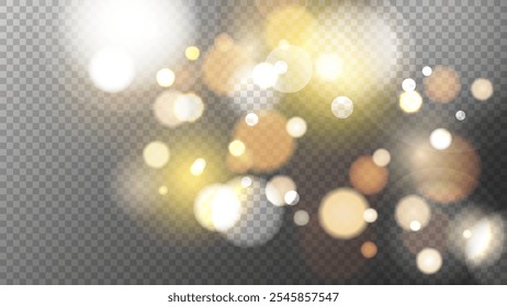 Luces bokeh festivas vibrantes. Abstractas diseño de superposición borrosa. Efecto de luz borrosa brillante. Fondo transparente. Plantilla gráfica. Ilustración vectorial.