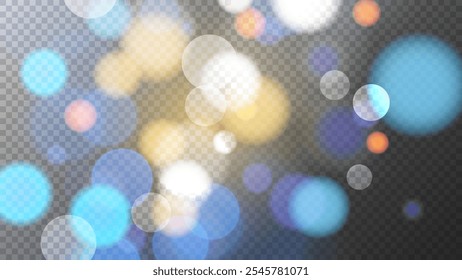 Luces bokeh festivas vibrantes. Fondo transparente. Abstractas diseño de superposición borrosa. Efecto de luz borrosa brillante. Ilustración vectorial.