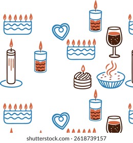 Vibrant Festive Celebration Pattern with Cakes, Candles, Hearts, and Wine