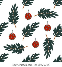 A vibrant and festive Christmas pattern that features beautiful ornaments and delightful foliage