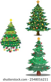 Ein lebendiger und festlicher Weihnachtsbaum, der mit bunten Ornamenten, Kirschen, Zuckerstangen und einem hellen Stern verziert ist. Dieses klassische Urlaubsdesign symbolisiert die Freude und Wärme der Weihnachtsfeier