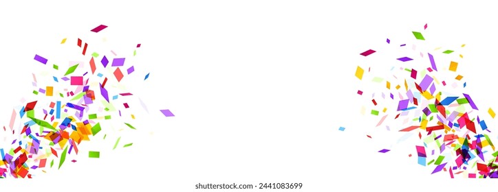 A vibrant and festive explosion of colorful confetti pieces scattered across a white background, creating a joyful and celebratory atmosphere ideal for events and parties.