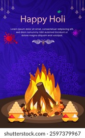 A vibrant and festive illustration for the Hindu festival of Holi, featuring a bonfire with bright flames.celebrate holika dahan