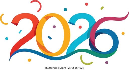 Una Imagen vibrante y festiva que presenta el año 2026, rodeada de confeti colorido y remolinos juguetones. Los números están estilizados en colores brillantes que incluyen rojo, amarillo, azul y verde, creando un ambiente alegre y festivo. El diseño es perfecto para dar la bienvenida al año 2026 con alegría y emoción.