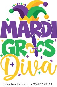 Ilustração vibrante e festiva do vetor Mardi Gras com cores roxas, verdes e douradas arrojadas. Inclui elementos icônicos, como máscaras de máscaras ornamentadas, contas coloridas, penas e flor-de-lis