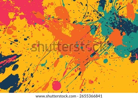 A vibrant and festive pattern of colorful paint splatters. The explosion of pink, orange, and blue on a yellow background evokes the joyful chaos of a color festival like Holi or a summer party.