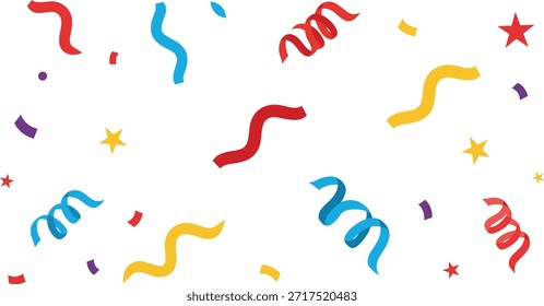 Um padrão vibrante e festivo de galhardetes encaracolados e estrelas em vermelho, azul, amarelo sobre um fundo preto, perfeito para decorações de festa ou celebrações.