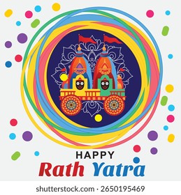 Vibrant and festive Rath Yatra procession with decorated chariots, devotees, and traditional fervor.