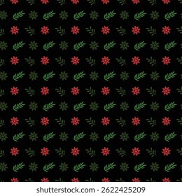 A vibrant and festive repeating design featuring green leaves and red snowflakes on a black background. Ideal for holiday-themed projects, gift wrapping, or seasonal decorations applications.