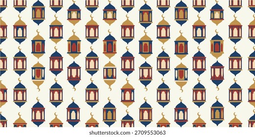 A vibrant and festive repeating pattern of traditional Arabic Fanous lanterns, a seamless background for Islamic holidays and cultural celebrations