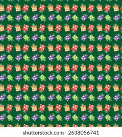 A Vibrant and Festive Seamless Pattern Featuring Rows of Stylized Gift Boxes in Red, Orange, Green, and Purple with White Snowflake or Star Accents
