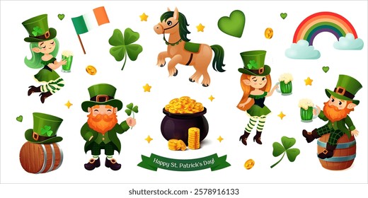 A vibrant and festive St. Patrick's Day vector set featuring cheerful leprechauns, lucky shamrocks, golden coins, a pot of gold, a green beer mug, an Irish flag, and a magical rainbow. This charming