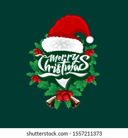 A vibrant and festive vector illustration for Merry Christmas. The design features a classic red Santa Claus hat resting atop elegant white script lettering, framed by a lush green holly wreath with bright red berries. Two golden bells at the base add a traditional touch to this professional holiday graphic. Set against a deep forest green background, this emblem is perfect for seasonal greeting cards, retail promotions, event invitations, and festive social media content.