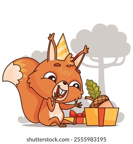 In a vibrant and festive woodland, a cheerful cartoon squirrel joyfully celebrates with various gifts and treats