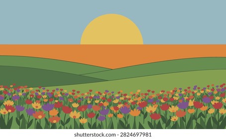 Vibrant field of colorful spring flowers stretching across rolling green hills under a bright setting sun and clear blue sky.