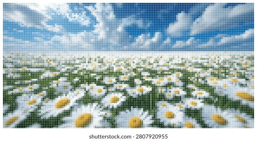Vibrant field of daisies blooming under beautiful blue sky with fluffy white clouds. Sunny spring or summer nature landscape with white meadow flowers.