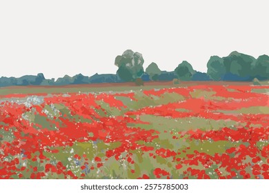 Vibrant field of red poppies, lush green landscape, poppies in bloom, colorful poppies, serene poppy field, natural beauty, poppies under a clear sky.