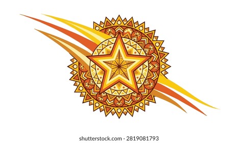 vibrant fiery starburst with geometric patterns in bold yellow orange and red for energetic dynamic visual design and artistic expressions