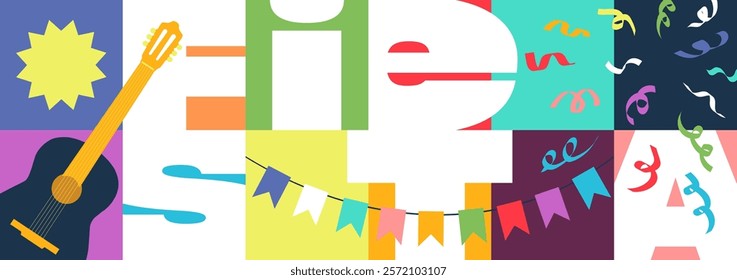 Vibrant fiesta banner with colorful guitars, confetti and geometric shapes. Festive Latin inspired design for party invitations, holiday flyers, cultural event posters and celebration decorations