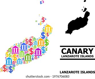 Vibrant financial and dollar mosaic and solid map of Lanzarote Islands. Map of Lanzarote Islands vector mosaic for geographic campaigns and promotion.