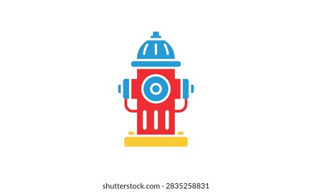 Vibrant fire hydrant icon in red, blue, and yellow colors presented in a clean and simple vector illustration style.