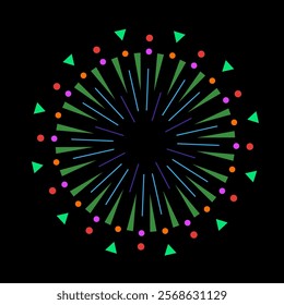 Vibrant firework explosion with radiant spark rays. Abstract light flash and burst icon with a colorful sunburst effect on black background