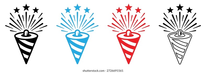 Leuchtende Feuerwerk-Icons in den Farben rot, blau, schwarz und weiß, Feuerwerk 4. Juli.Set von Feuerwerk mit einem roten und blauen Sternen und Funken einzeln auf transparentem.