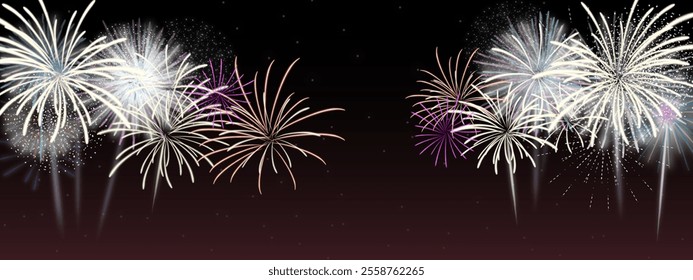 Vibrant fireworks burst in shades of white, gold, and purple against a dark night sky. Perfect for celebrations, New Year, holidays, parties, and festive event backdrops.