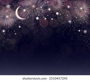 Vibrant fireworks bursting in the night sky, with a crescent moon and stars, perfect for festive and celebratory events or backgrounds.