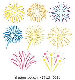 Vibrantes Fuegos Artificiales Diseñan Elementos De Colección De Explosiones Coloridas, Parques Y Rutas. Perfecto Para Celebraciones Festivas, Creando Un Espectáculo Deslumbrante De Luz Y Alegría. Juego de ilustraciones de vectores de caricatura