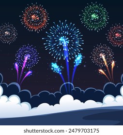 Vibrant fireworks display above clouds at night