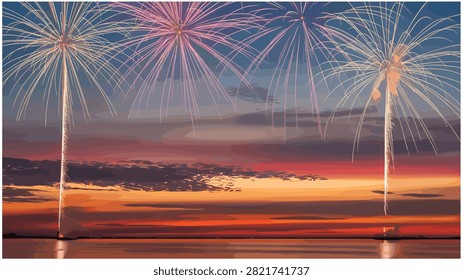 Vibrant fireworks display over a calm sea at sunset with colorful clouds in the evening sky