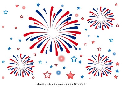 Vibrant fireworks explode across a scattered star background, dynamic red and blue shapes celebrate a festive occasion, offering an energetic design ideal for national holidays