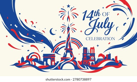 Vibrant fireworks explode over iconic Paris landmarks during a July 14th celebration.