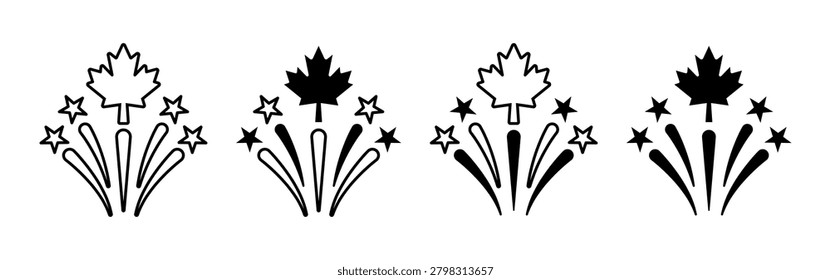 Vibrant fireworks with maple leaf exploding in the night sky creating a festive atmosphere for Canadian National Holiday Celebration.