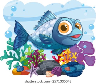 A vibrant fish amidst coral and sea life