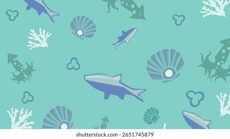 Vibrant fish, coral, squids, and shells decorate this marine-inspired background with a clean aqua tone for ocean or seafood visuals.