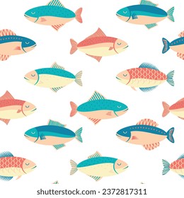 Vibrant fish in geometrical style seamless pattern. Underwater sealife design. Hand drawn nautical wallpaper. Flat colorful vector illustration. Cartoon style. Freehand drawing