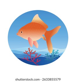 A vibrant fish illustration, swimming in a serene underwater scene. Set against a gradient blue backdrop with colorful coral, its circular frame offers a polished look