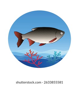 A vibrant fish illustration, swimming in a serene underwater scene. Set against a gradient blue backdrop with colorful coral, its circular frame offers a polished look