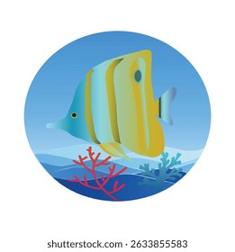 A vibrant fish illustration, swimming in a serene underwater scene. Set against a gradient blue backdrop with colorful coral, its circular frame offers a polished look