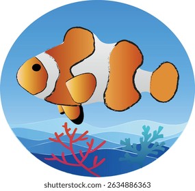 A vibrant fish illustration, swimming in a serene underwater scene. Set against a gradient blue backdrop with colorful coral, its circular frame offers a polished look