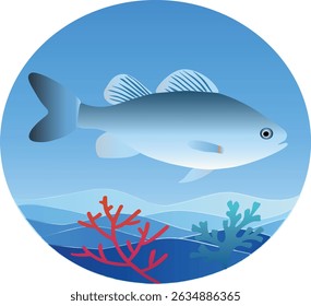 A vibrant fish illustration, swimming in a serene underwater scene. Set against a gradient blue backdrop with colorful coral, its circular frame offers a polished look
