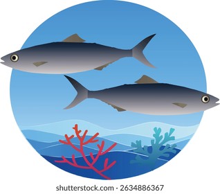 A vibrant fish illustration, swimming in a serene underwater scene. Set against a gradient blue backdrop with colorful coral, its circular frame offers a polished look