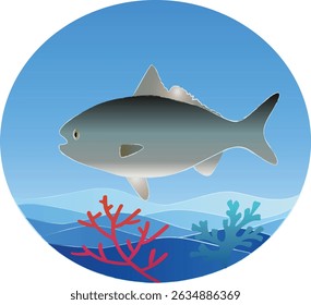 A vibrant fish illustration, swimming in a serene underwater scene. Set against a gradient blue backdrop with colorful coral, its circular frame offers a polished look